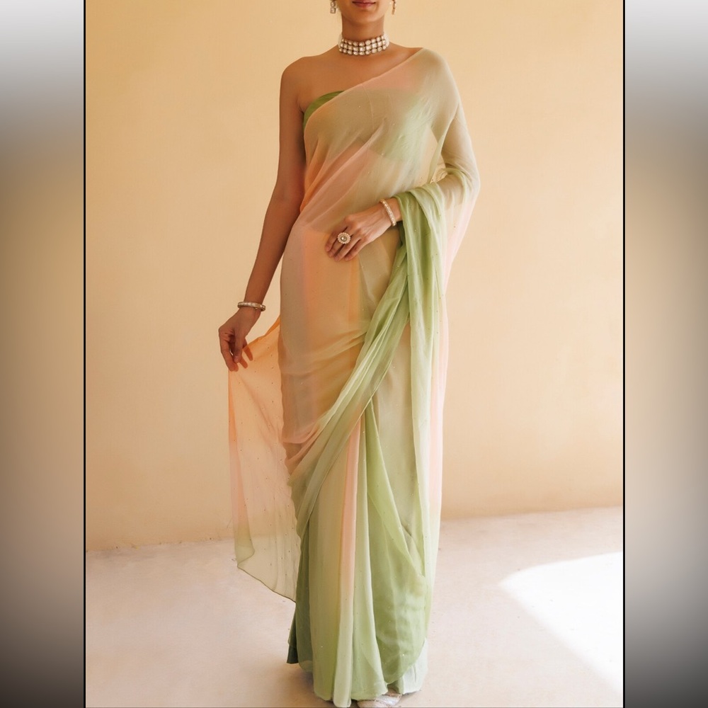 Pernia’s Pop Up Geroo Jaipur Green & Peach Chiffon Hand Embroidered Saree & top